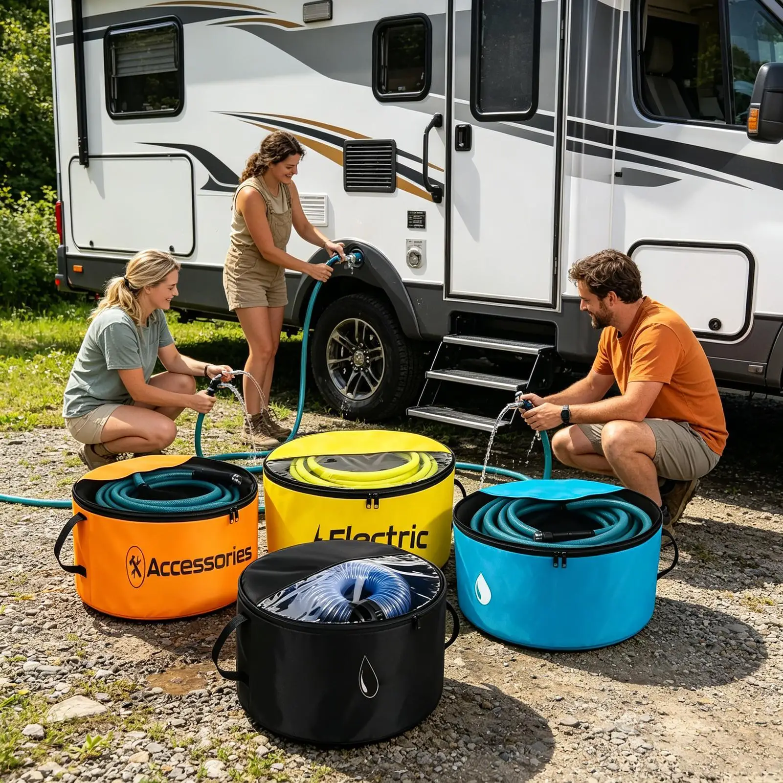 

RV Sewer Hose Bag 4 Pieces Waterproof Breathable Organizer Two-Way Zipper Closures Sewer Hose Storage Bag With Visible Cover For