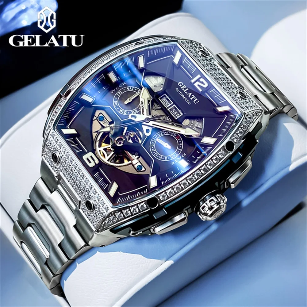

GELATU 6016 Men Watch Luxury Original Tonneau Automatic Mechanical Watch Date Waterproof Flywheel Hollow Men Watch Reloj Hombre