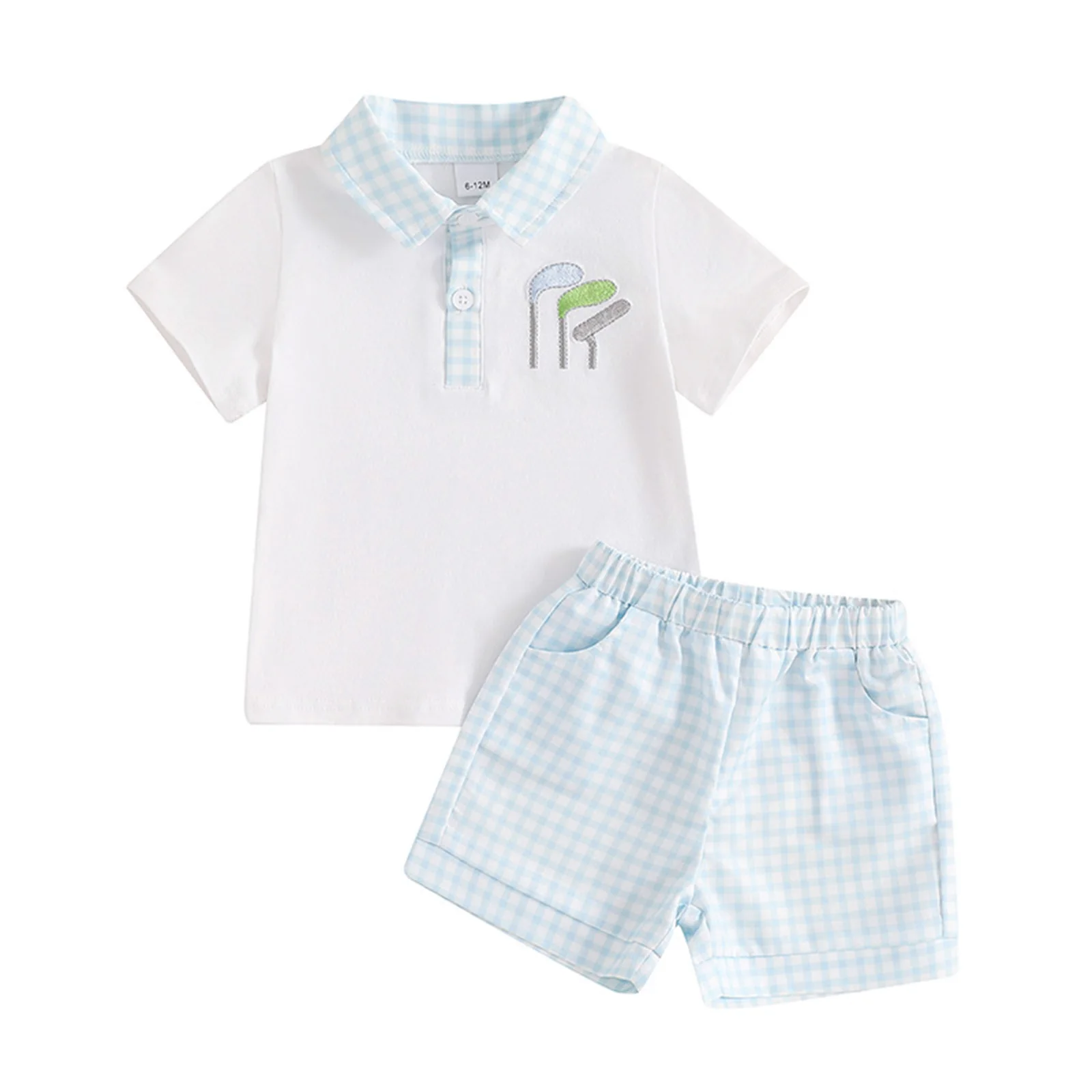 

Baby Boys Summer Outfit Short Sleeve Embroidery Button Closure T-shirt Tops with Plaid Shorts Two-pieces Set for Play Wear Home
