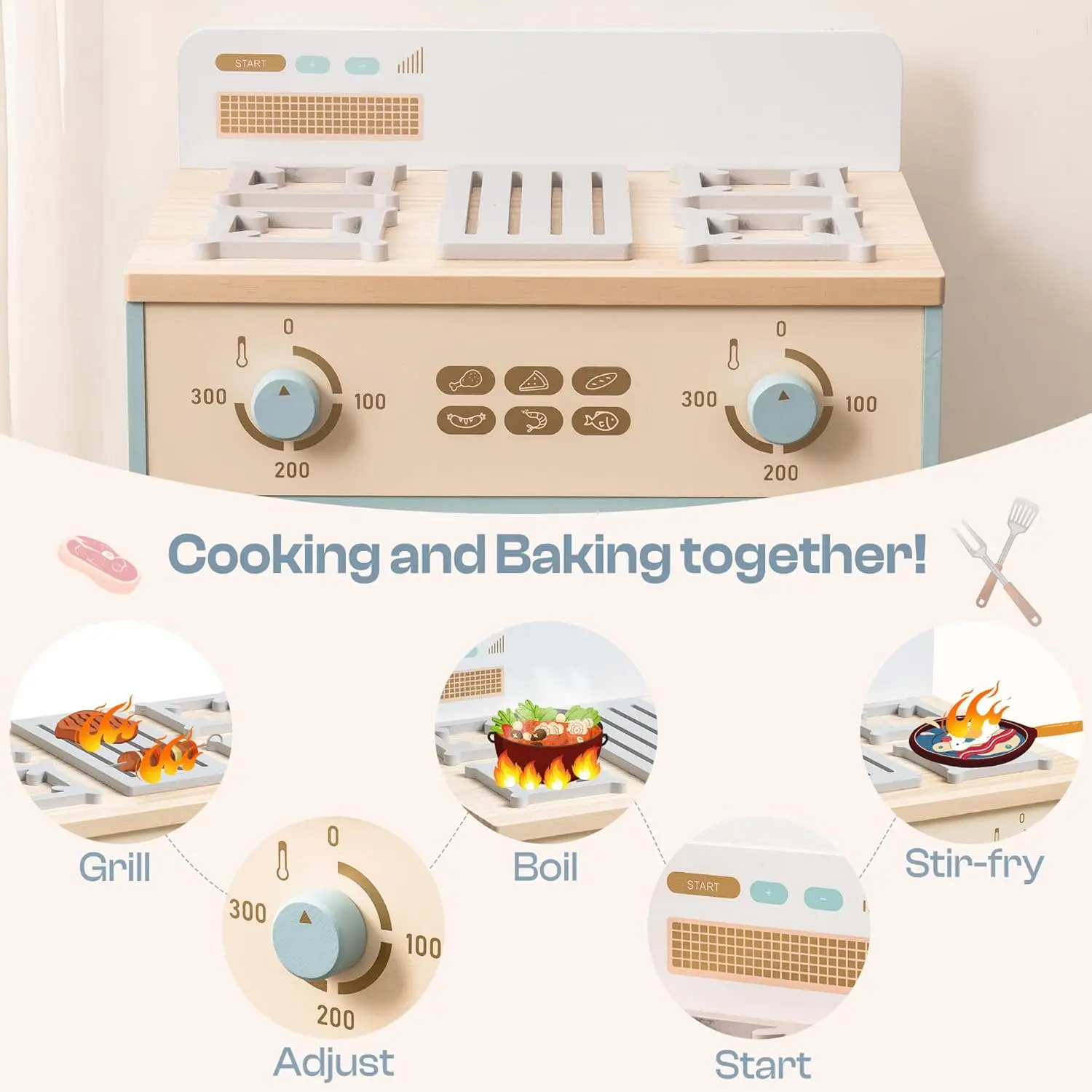 Juego de horno de cocina de madera, juego de simulación Montessori, accesorios de cocina con Pizza y Cupcakes, juguetes de comida, Pizza de madera Ove