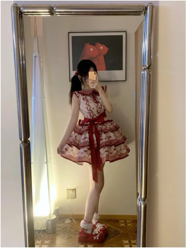 صيف جديد الحلو لوليتا طباعة عقدة منقوشة دمية طوق الدكتور الخصر Cinched رقيق تنورة Princ Sle ort Dr #4