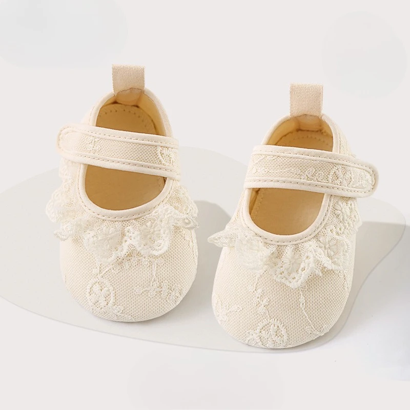 White Lace Ruffles Summer Infant First Walkers 0-1 Year Baby First Walkers Girls Cute Kawaii Beige Lace Toddler Soft-soled Shoes