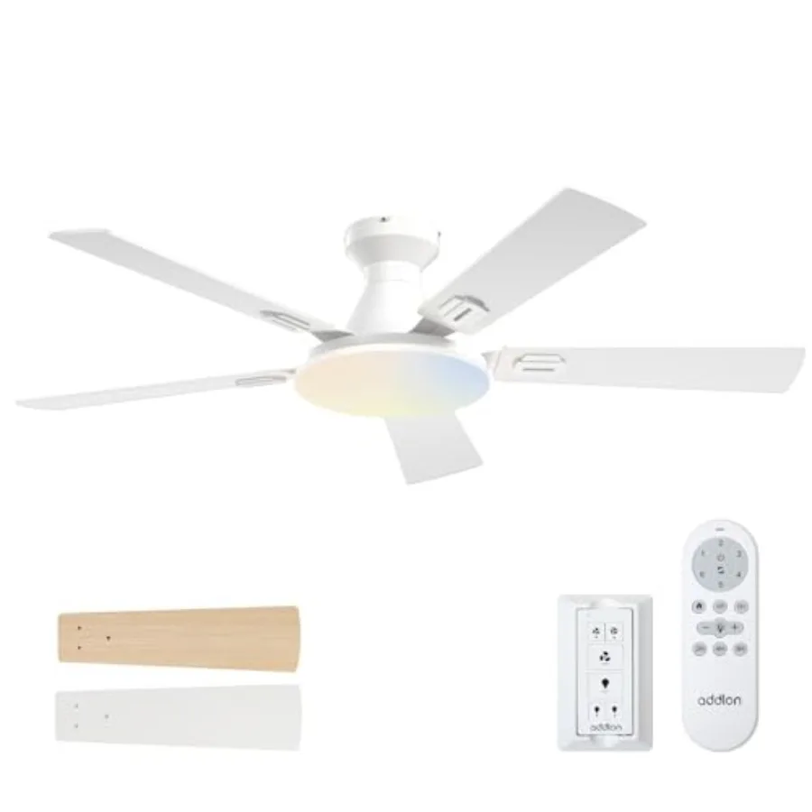 Ceiling Fans with Lights, 52 inch Flush Mount Ceiling fan with Remote Control, Wall Remote, Reversible, 5CCT, Dimmable, Noisele