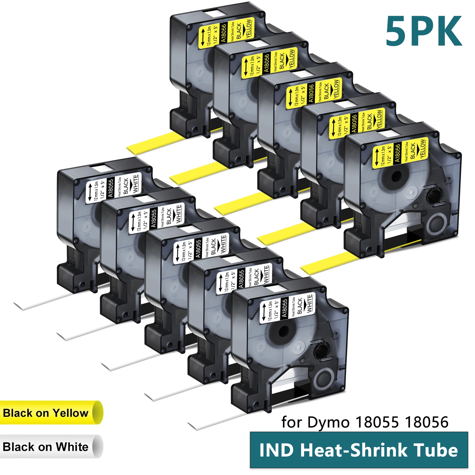 

3/4/5/10PK Replace Dymo 18051 18052 Heat-Shrink Tubes Label Black on White/Yellow Compatible with DYMO 5200 Original Machines