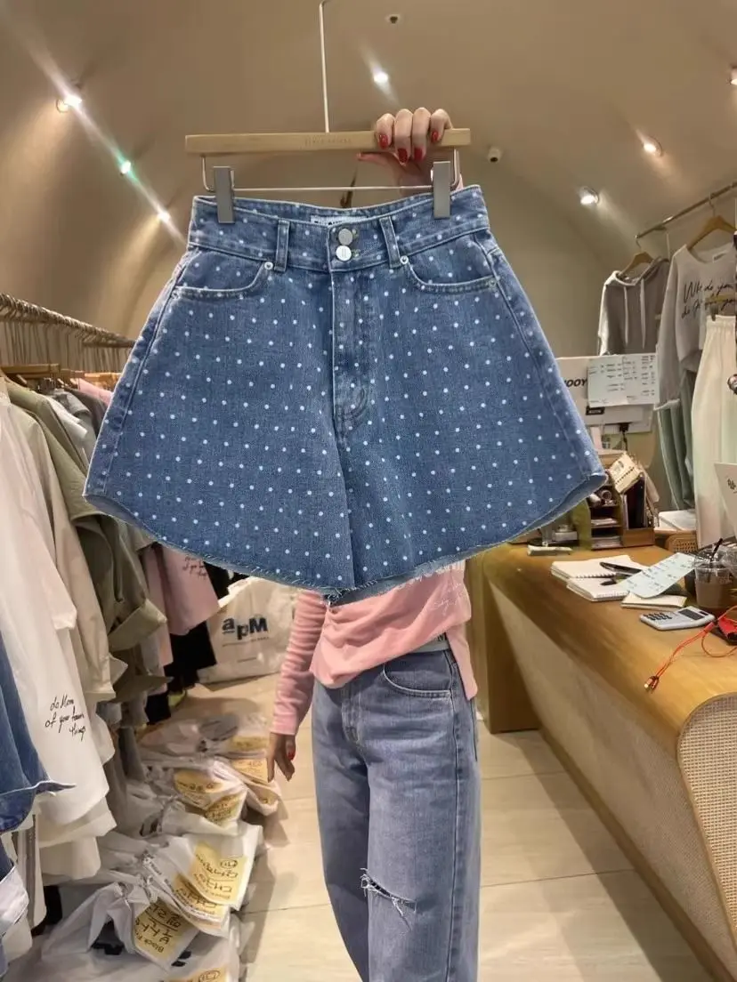 2025 Spring New Cute Polka Dot High-waisted Washed Rough-edged Denim Shorts Women's Wide-leg Pants Jeans