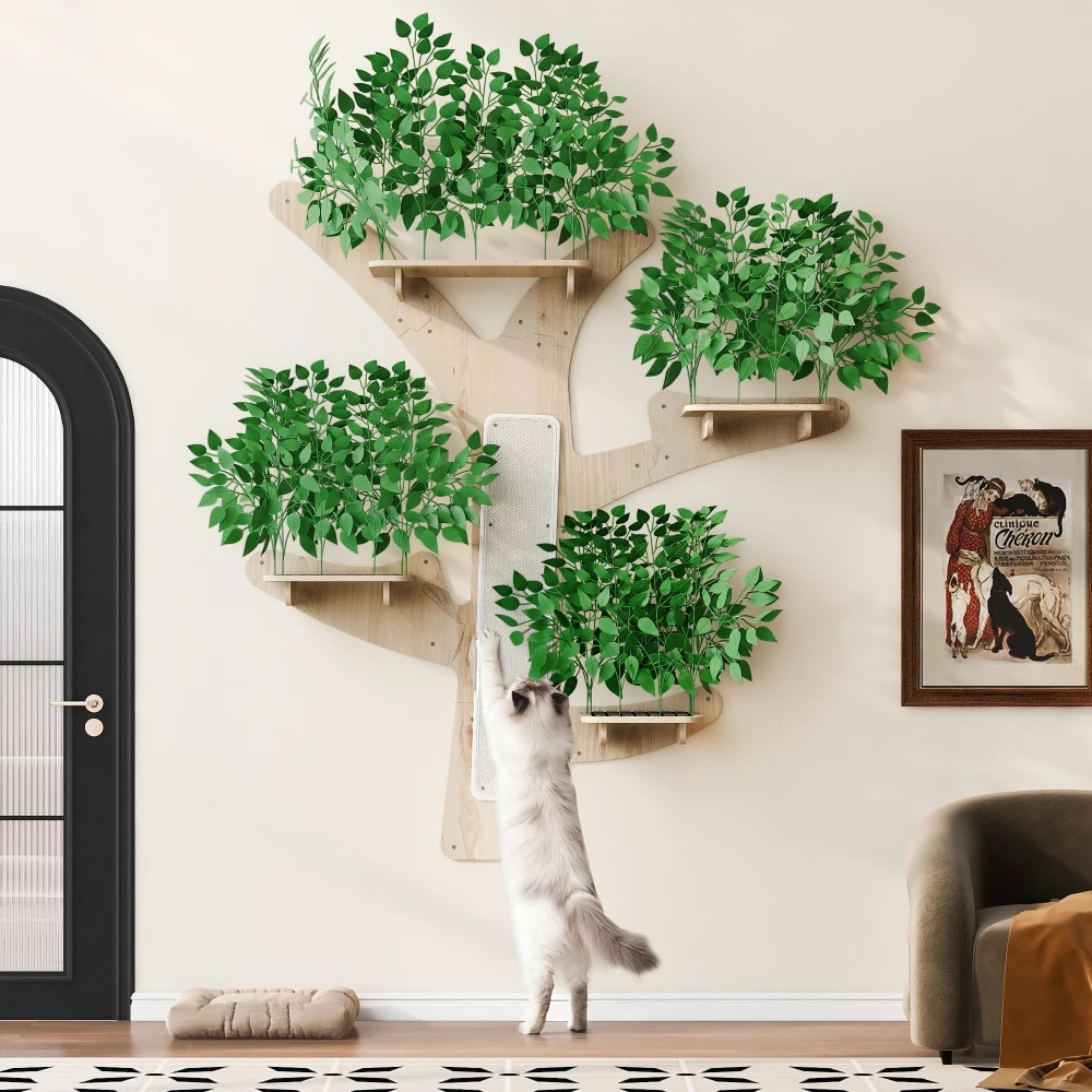 Tiragraffi a parete a forma di albero con pad antigraffio e posatoi, in legno massello di pino, mobile da parete per interni