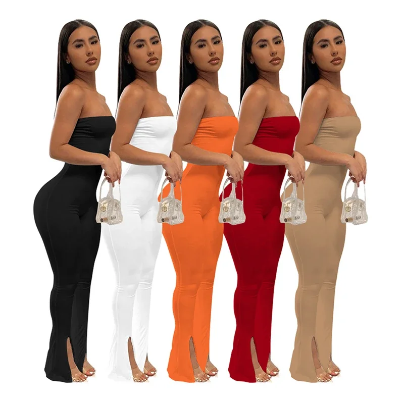 

Solid Elegant Slim Flare Jumpsuits Women Sexy Strapless Split Boot Cut Pants Casual Rompers Fashion Clubwear Overalls Streetwear