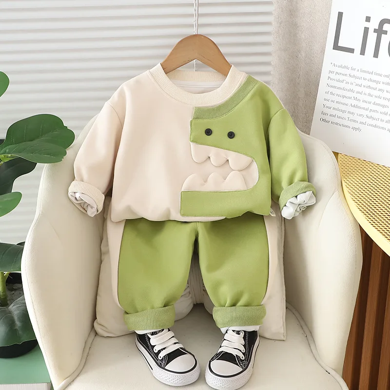 2024 Autumn Baby Boys 2PCS Clothes Set Cartoon Dinosaurs Cotton Pullovers Stretch Loose Pants Suit Toddler Boys Outfits