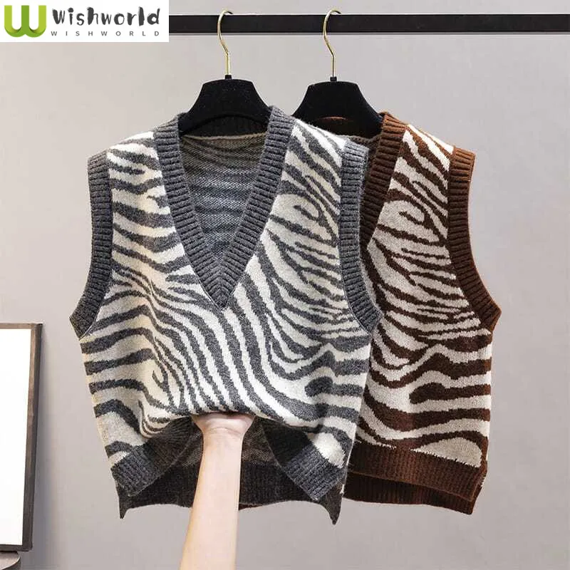 

Tank Top Jacket Spring and Autumn New Knitted Women's Sweater Trendy Korean Version V-neck Loose Zebra Print Sweater