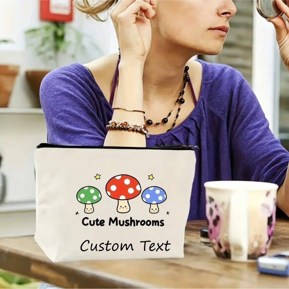 1PC Custom Text Cute Colorful Mushroom Cosmetic Bag Personalized Canvas Zipper Makeup Storage Pouch view 4