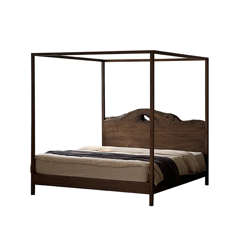 

Wabi-sabi style canopy bed, solid wood four-column bed, double new Chinese style tatami, floor-standing homestay hotel furniture