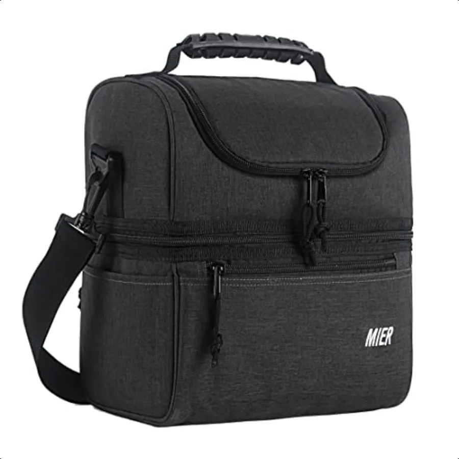 

2 Compartment Lunch Bag for Men Women Leakproof Insulated Cooler Bag for Work Dark Grey Medium