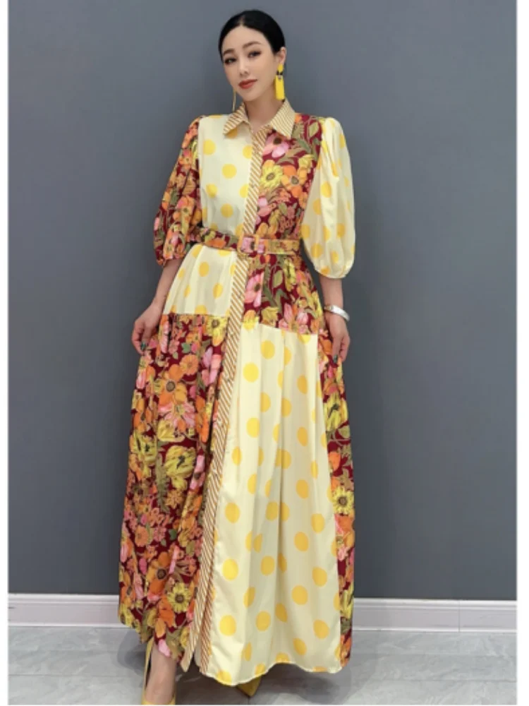 Vefadisa Yellow 2024 Summer New Women Printed Dress Lapel Lantern Sleeve Patchwork Dress Loose Fashion Holiday Dress ZXY464A