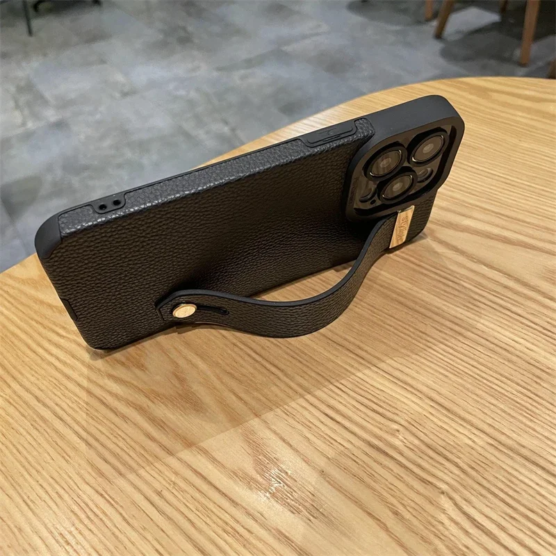 Luxuly Noble Black Leather Bracket Case For iPhone 14 13 12 Pro Max XR 8 7 Plus 11 X SE Anti-lost Wrist strap Lanyard Rope Cover image 2