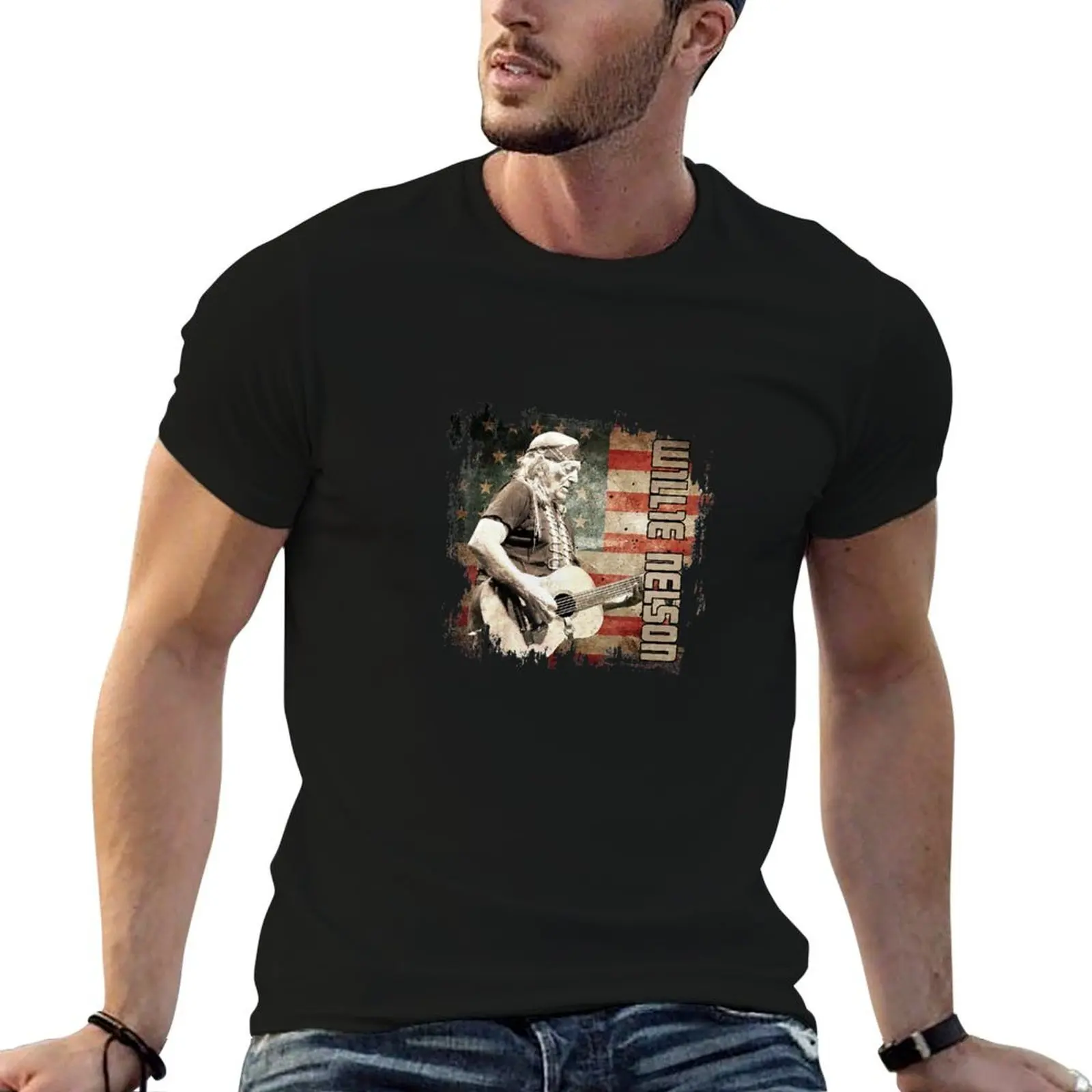 

Vintage Willie Tees Nelson Retro Flag American Country Music T-Shirt man t shirt cotton cotton tshirt 100% T-Shirt