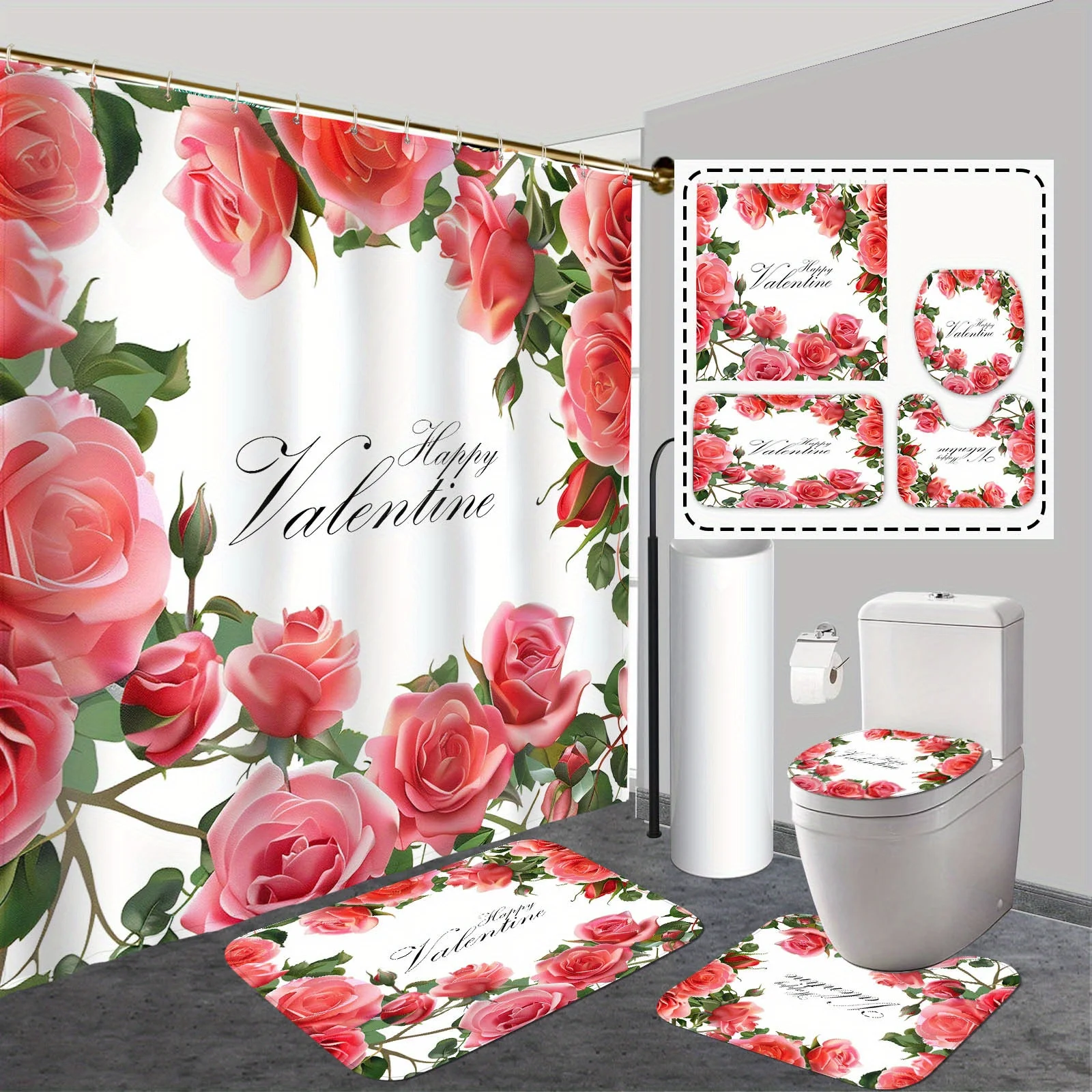 

Love Bloom, Valentine's Day 4pcs Shower Curtain Set with Hooks - Waterproof, Non-Slip Bathroom Rug, U-Shape Toilet Mat & Lid Cov