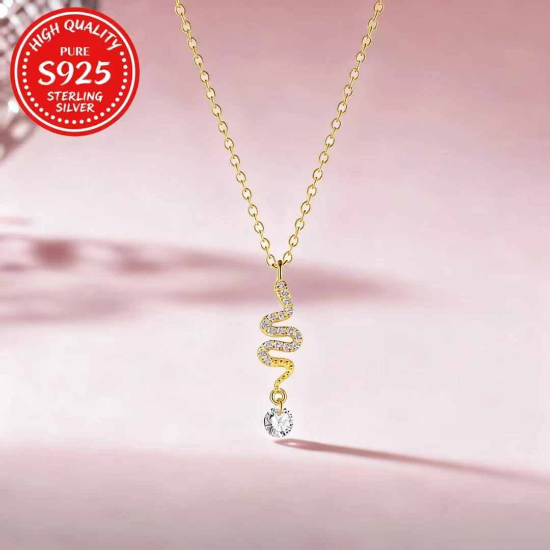 

S925 Silver 18K Gold Plated Snake Necklace, High-End Zircon Inlay Collar Chain Birthday Christmas Gift for Women