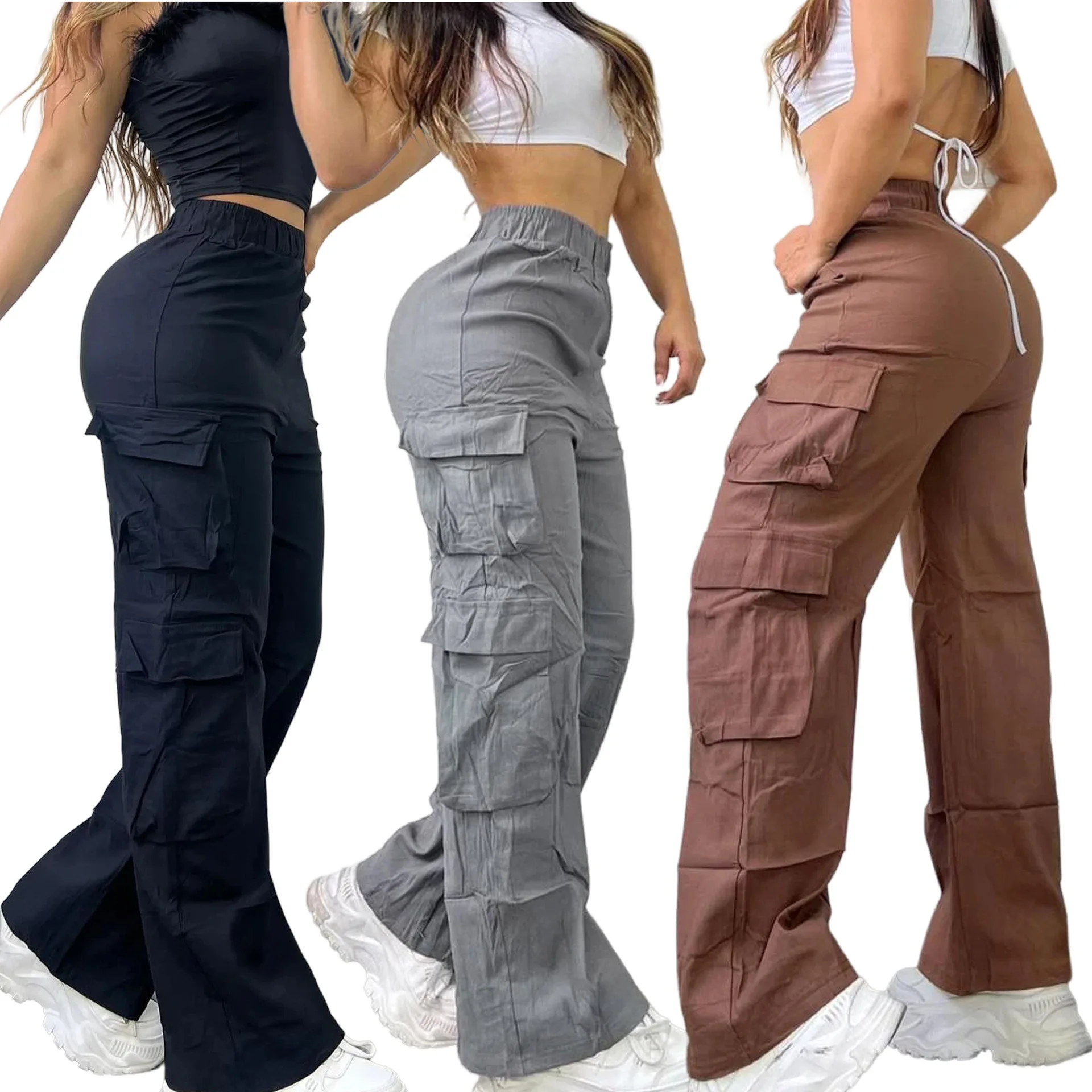 

2025 Hot Sale All Matching Women Cargo Pants Fashion Solid Pockets Straight Trousers High Waist Casaul Pants