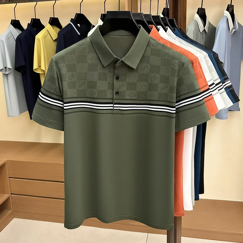 Delicate grid jacquard polo tee men lapel two button collar horizontal sleeve stripe elastic anti wrinkle office walking top