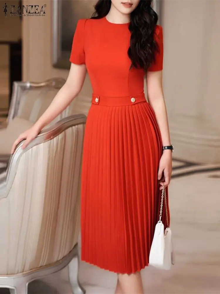 

ZANZEA Elegant OL Party Dress Cinched Waist Korean Style Pleated Women A-line Vestidos 2024 Fashion Short Sleeve Midi Dresses