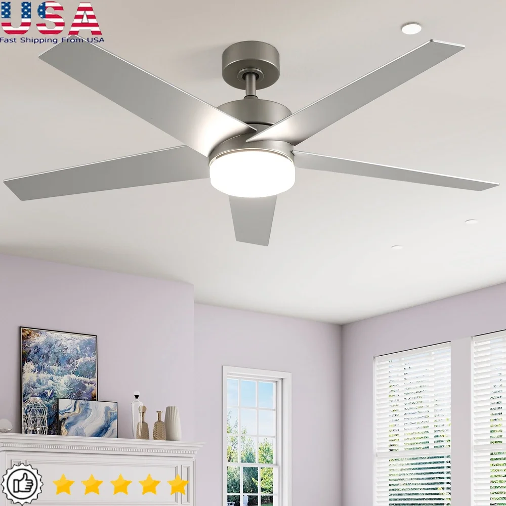 

52 Inch Modern Ceiling Fan with Remote Control 5 Blade Dimmable LED Light Smart Timer Quiet Reversible Home Office