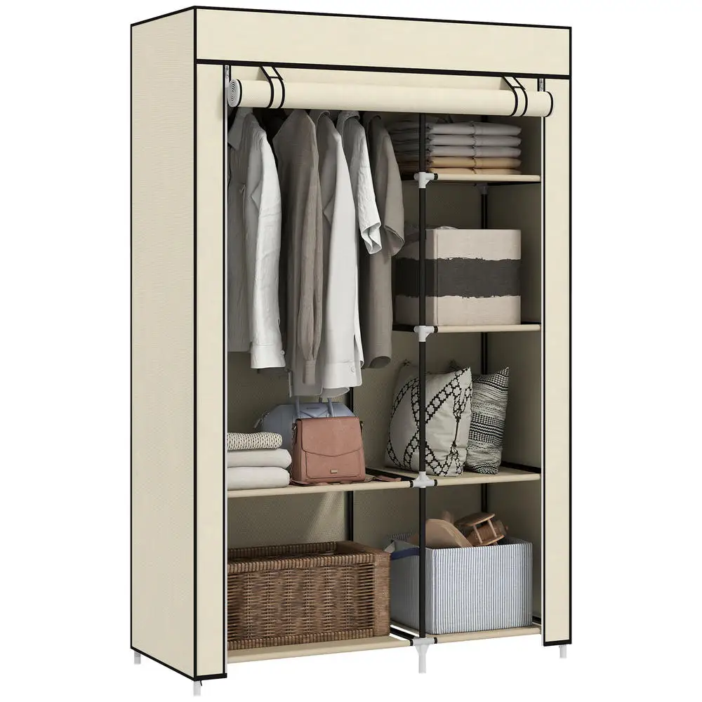 Armoire penderie en tissu, meuble de rangement avec tringle à vêtements et étagères ouvertes, couleur crème XXCM