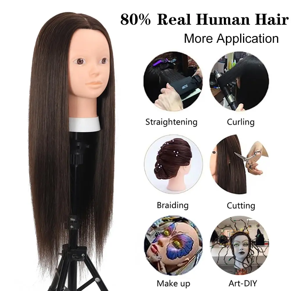 Mannequin Head 80% Real Human Hair Styling Hair Mannequin Head Human Hair to Practice Hair and Makeup Hairdresser Head With Gift