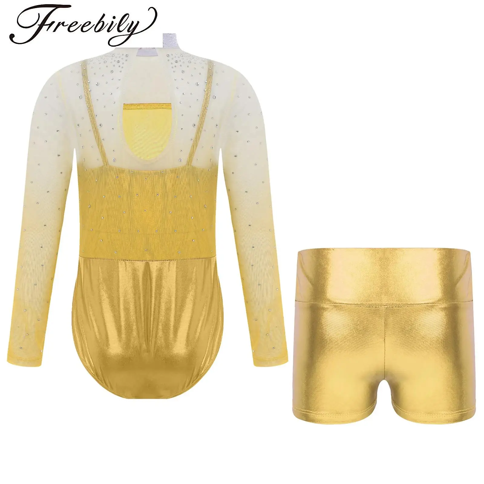 

Girls Long Sleeve Ballet Dance Outfits Rhinestones Sheer Mesh Metallic Gymnastics Leotards Jumpsuit with Shorts Yoga Unitard Set