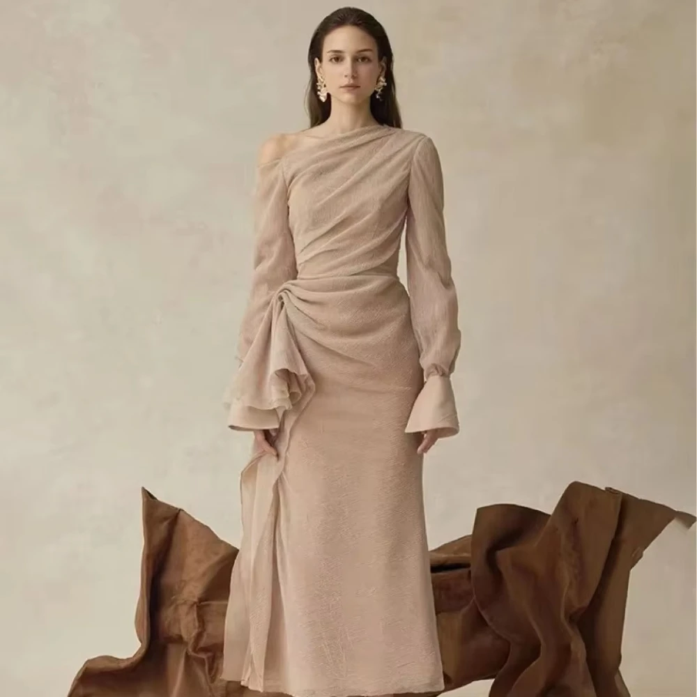 

Elegant Long Sleeved Waist Cinched One Shoulder Evening Dresses Luxury Exquisite High Quality Prom Party Gowns Women Customized