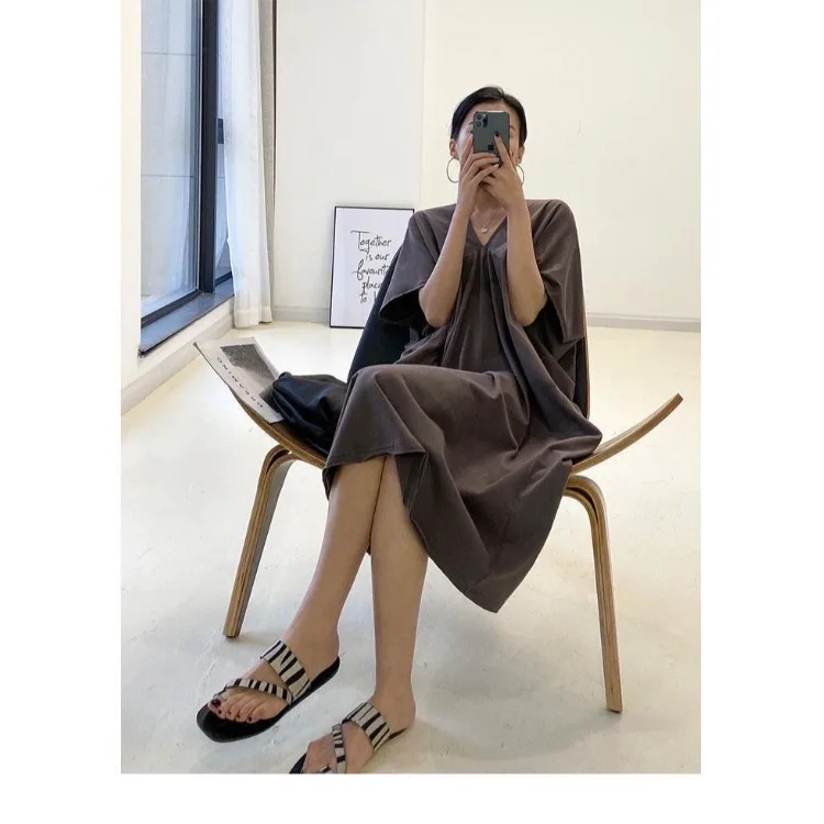 Lâche coréenne Sle grande taille femme Dr v-ne chauve-souris Sve longue été minceur ort Sve Midi t-shirt Dr