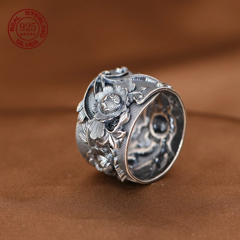 S925 Sterling Silver Peony Flower Rings for Women Ethnic Adjustable Embossed Design Retro Wide Ring for Couples Banquet Jewelry