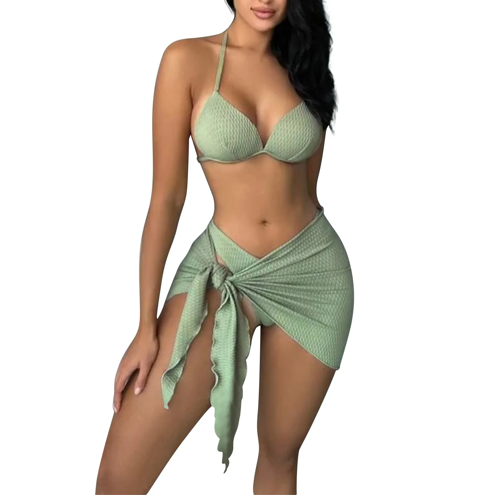 

New Fashion Sexy Distinctive Plain Colour Breathable Swimsuit Irregular Boho Beach Style High Waist Split Bikini Three Piece Set