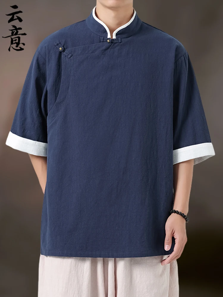 

New Summer Chinese Style Men's Shirt Pure Cotton Thin Loose Short Sleeve Tang Costume Retro Side Button Hanfu Stand Collar