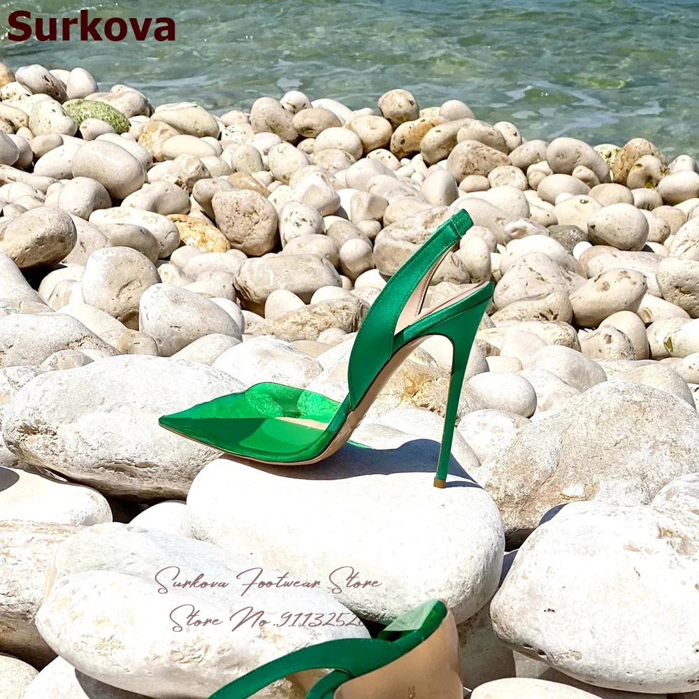 Surkova Orange Green Transparent PVC High Heel Shoes Elegant Satin Cloth Slingback Wedding Pumps Pointed Toe 12cm 10cm 8cm Heels