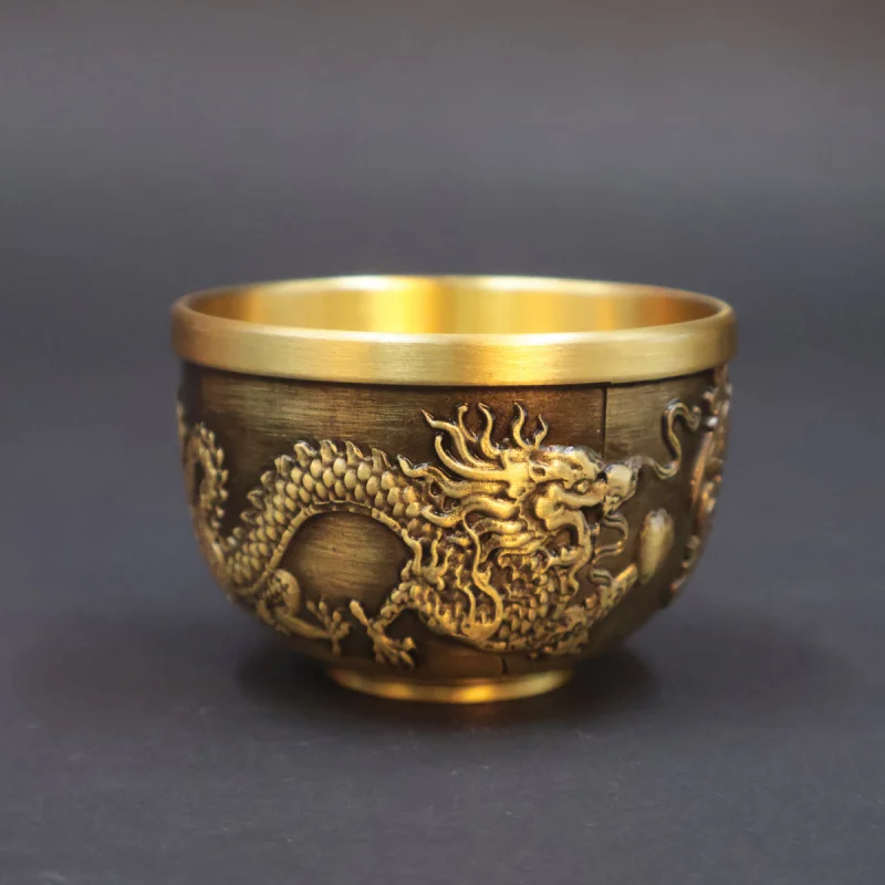 Brass Gold Chinese Style Hundred Blessings Dragon and Phoenix Wine Cup Ornament Creative Office Decoration Wine Cup Tea Cup Deco