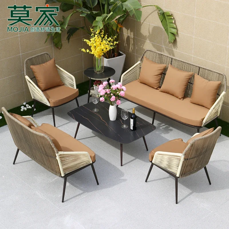 

Outdoor Nordic Sofa Courtyard Garden Outdoor Three-Seat Rattan Chair Balcony Leisure Furniture