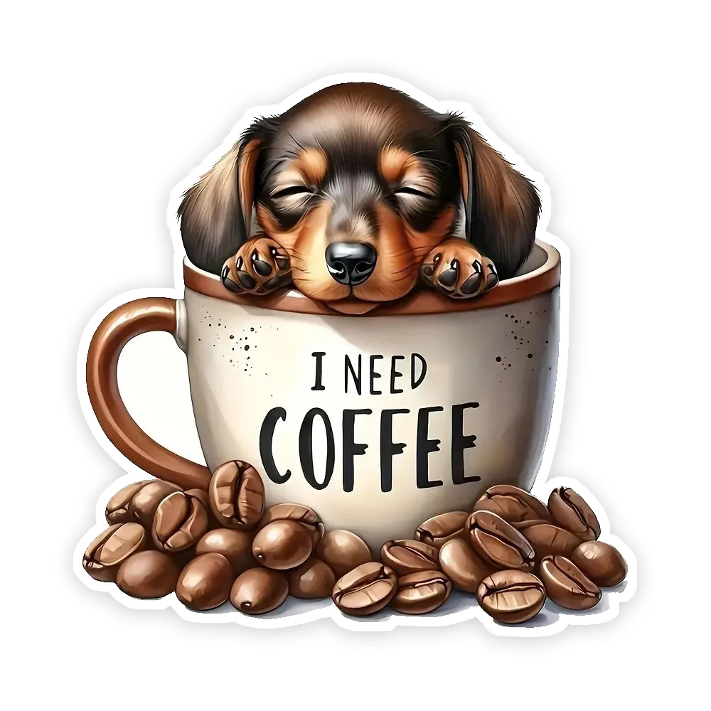 

14x14cm Coffee Cup Dog with Coffee Beans Decal Sticker - Self-Adhesive Car Window, Bumper, Wall & Laptop Decoration