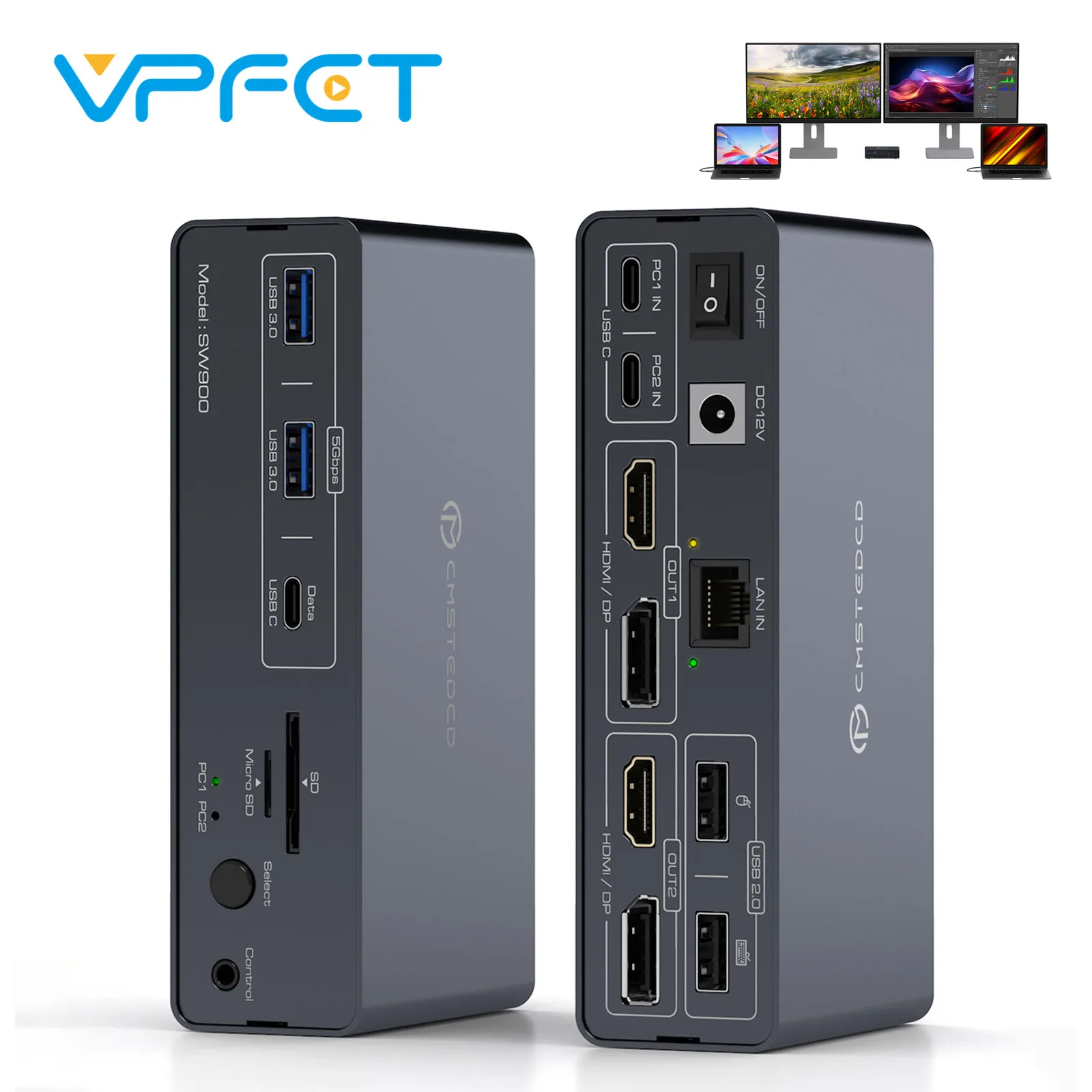 

Док-станция USB C KVM-переключателя 14-в-1, два ноутбука, два монитора, 4K при 60 Гц, DP HDMI с Displaylink USB 3.0 SD TF, Windows macOS