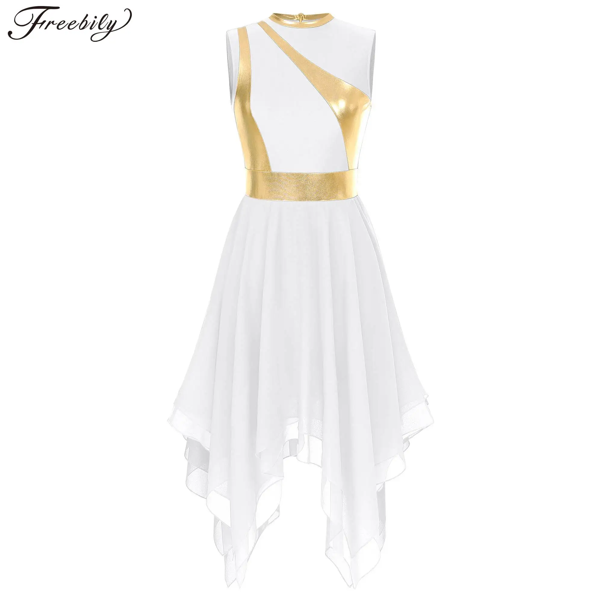 Womens Modern Lyrical Dance Dress Church Choir Waltz Ballroom Performance Costume Sleeveless Irregular Hem Dresses Dancewear