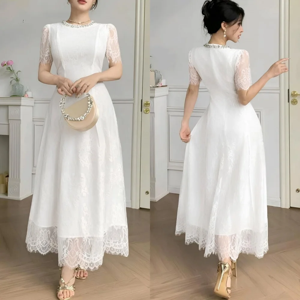 

Customized Lace Rhinestone O-Neck A-line Midi Dresses Bespoke Occasion Party Gown Simple Exquisite High Quality Formal Charming
