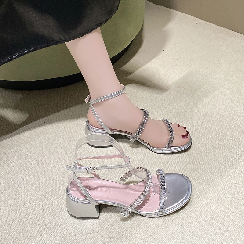 2024Temperament High Heels Sandals External Wearing Women\'s 2024 Summer New French One Character Strip Sand Roman Shoes Female