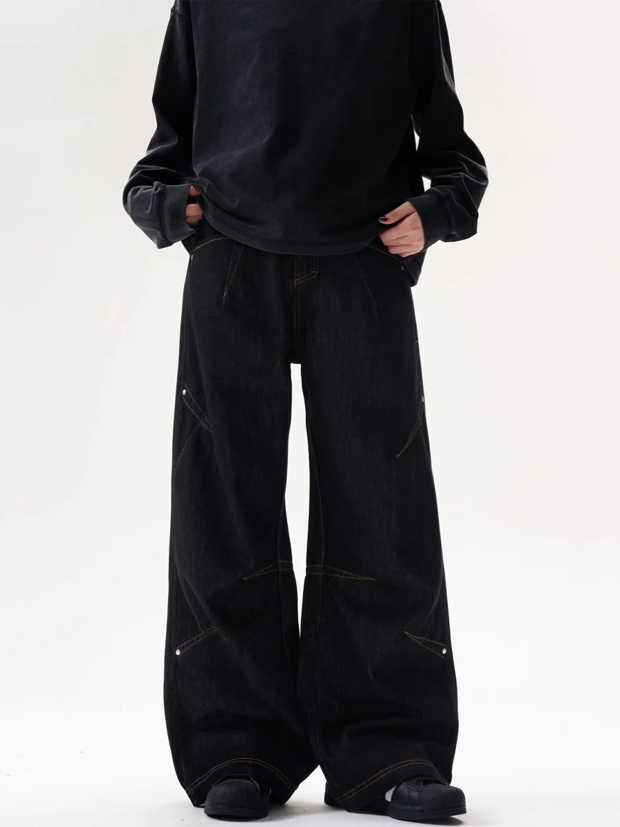 

American Retro Decosition Design Loose Wide Leg Jeans Men Women Casual Straight Leg Denim Pants Vintage Waed Effect