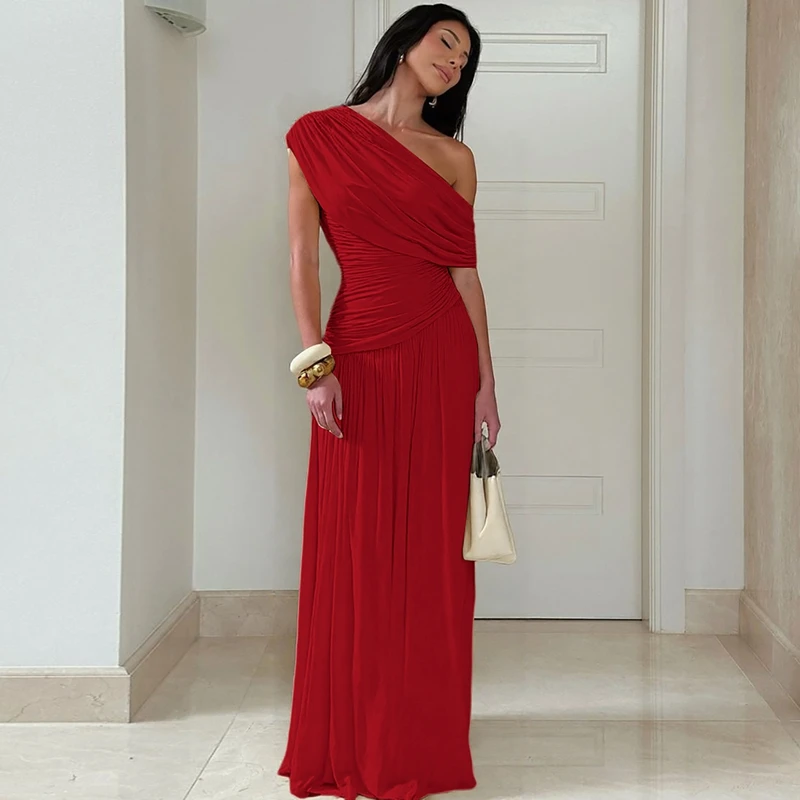 Hugcitar One Shoulder Ruched Sleeveless Solid Pleated Sexy Irregular Y2K Maxi Dress Summer Elegant Party Women Clothes Vacation