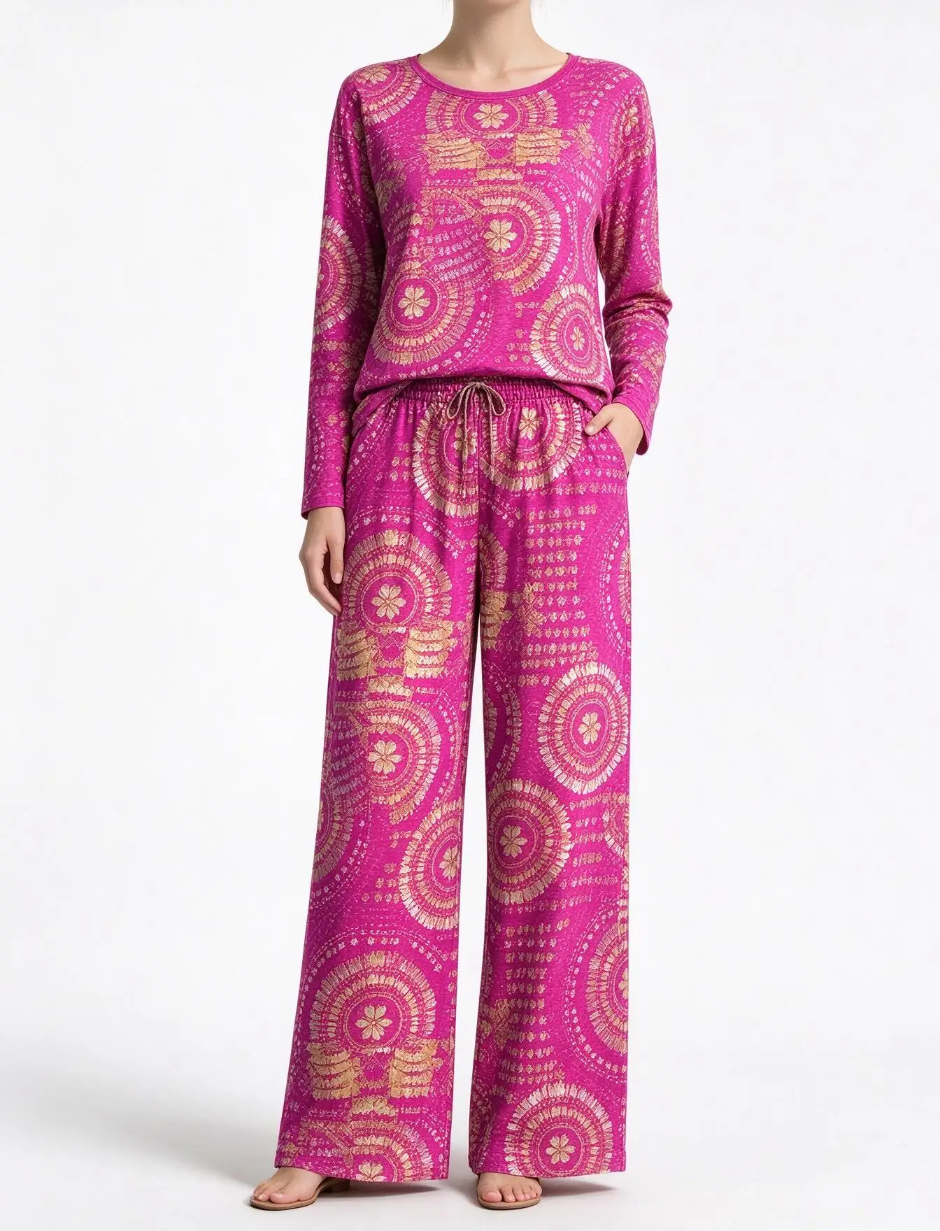 Women Imitation Cotton Pajama Set Fuchsia Gold Ethnic Circle Print Round Neck Long Sleeve 2PCS Sleepwear Loungewear