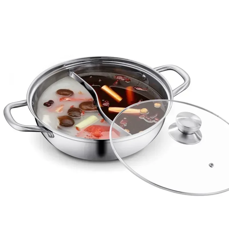 Panela quente chinesa com tampa, aço inoxidável espessado, 2 em 1 Hotpot dividido, Panela de cozinha com tampa, Fogão a gás de indução