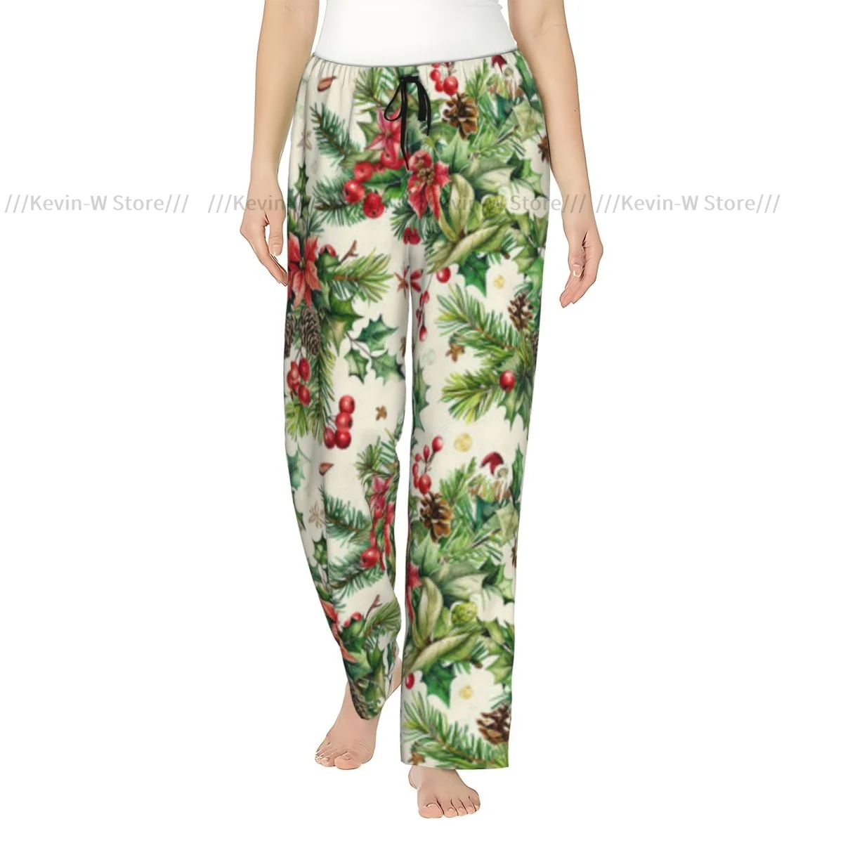 

Women Flannel Pajama Bottoms Soft Fleece Watercolor Christmas Intricate Holly And Poinsettia Sleep Pants with Drawstring Waist