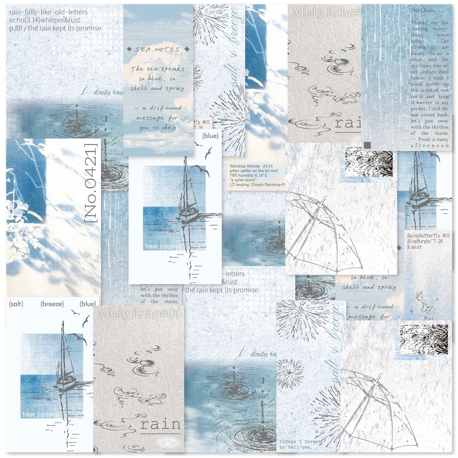 Etori Life 18Pcs Foggy Blue Sea Rain Theme Sticky Notes Textured Paper Ocean Rainy Day Illustration Patterns DIY Gift Card Background Base Suitable for Laptops, Sticker Books, Diaries, Guitars, Handbags, Photo Albums, Postcards and Envelopes, Scrapbook Supplies, Office Decorations, School Supplies, Ins Aesthetics, Cycling Decals, Gifts for Friends, Back-To-School Season