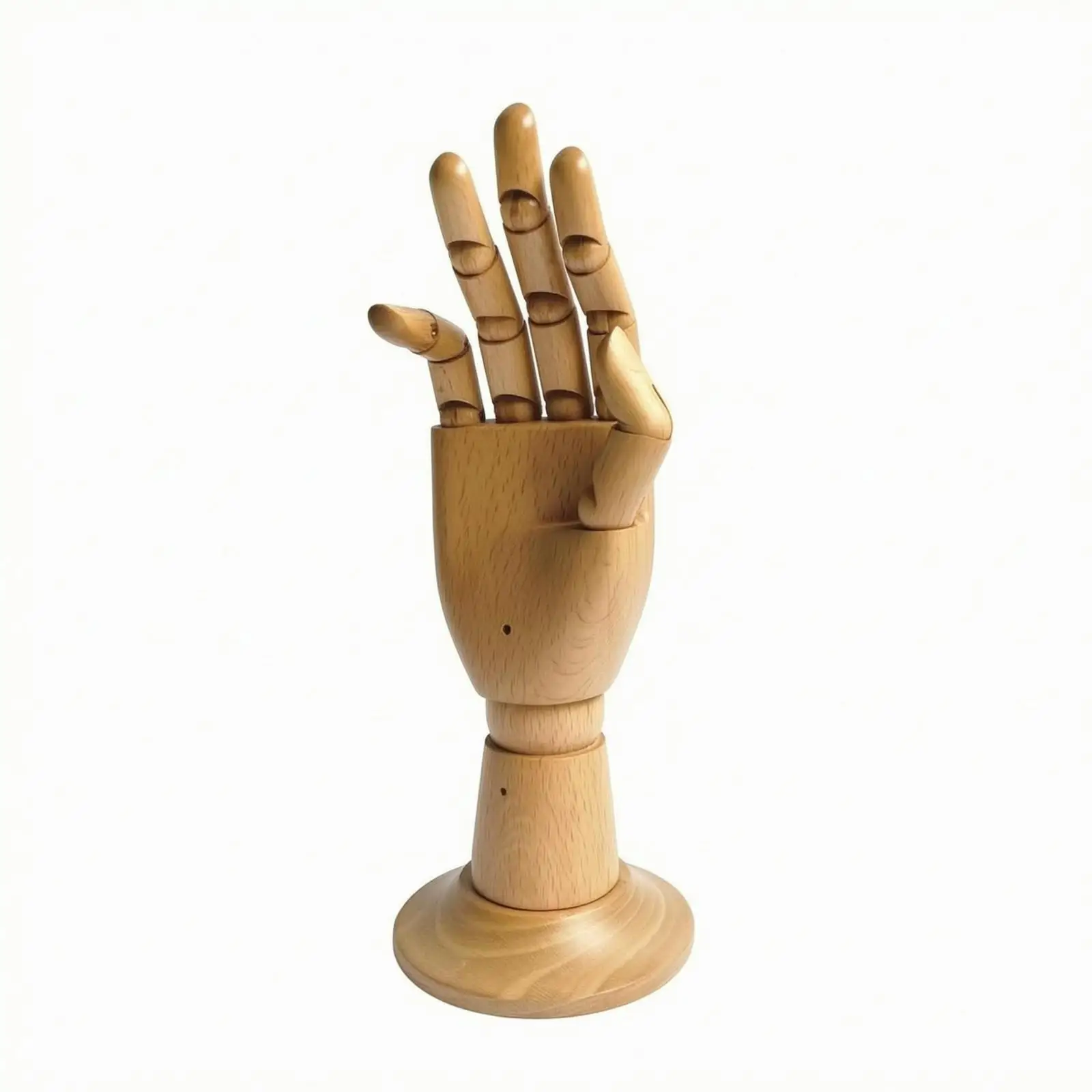 Posed Wooden Hand Model Mannequin with Round Base for Jewelry Showcase Desk Decoration