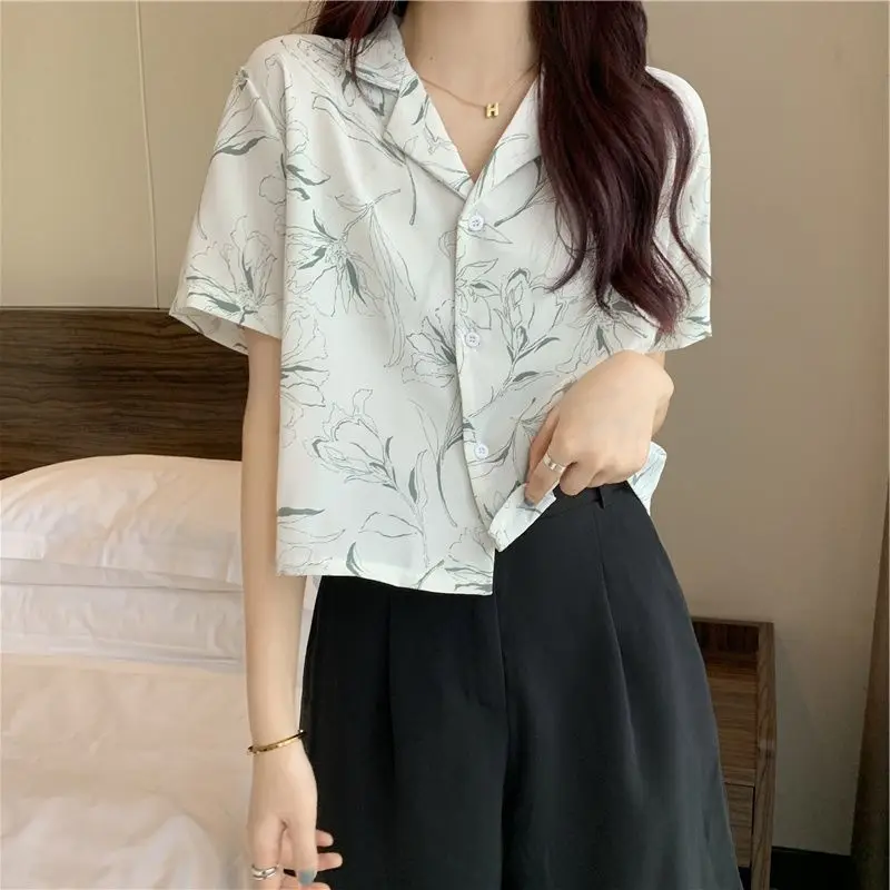 Short Sleeve Printing Blouse Polo Neck Button Thin All-match Short Casual Shirt Tops Summer New Fashion Trend Women Clothing