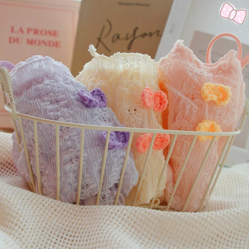 3pcs Gift Japanese Sweet Tie Low Rise Panties For Women Cute Bow Lace Pure Desire Cotton Crotch Briefs Intimates Lingerie Set
